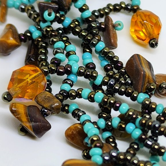 Stunning Turquoise Amber Tiger Eye Six Strand Beaded Statement Collar Necklace